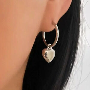 925 Sterling Silver Chunky Heart Hoop Earrings Dangle Heart Huggies